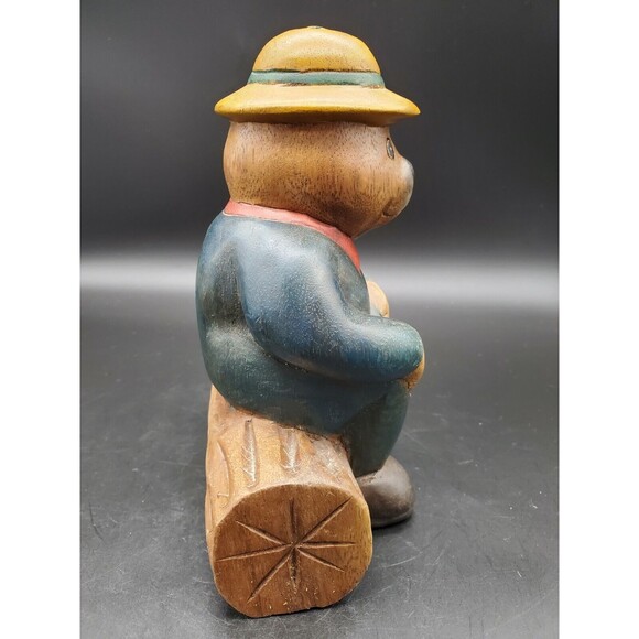Honey Bear Beehive Dressed Sitting on Log Carved WOOD 8" Very NICE!!! Adorable! - Picture 4 of 12